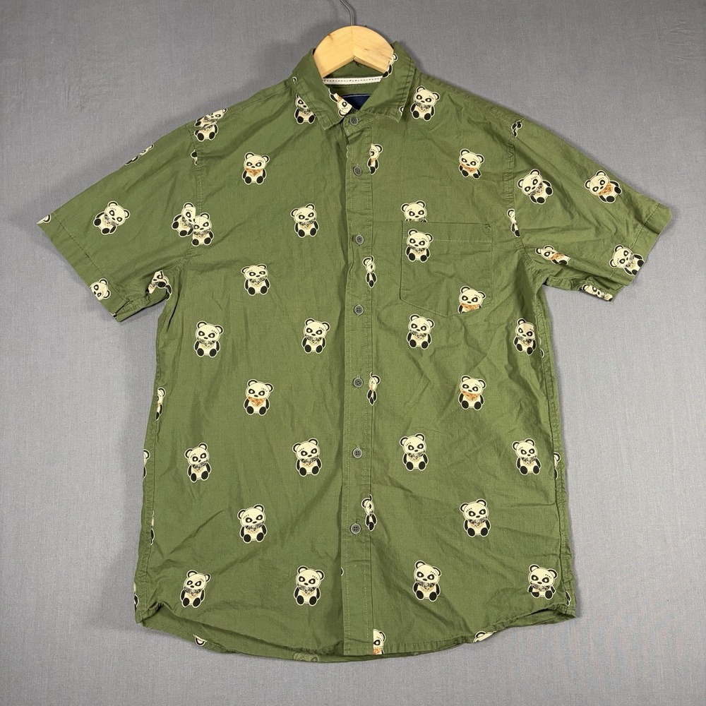VSTR Green PANDA Print Button Up Collared Shirt 100% Cotton Short sleeve MENS S